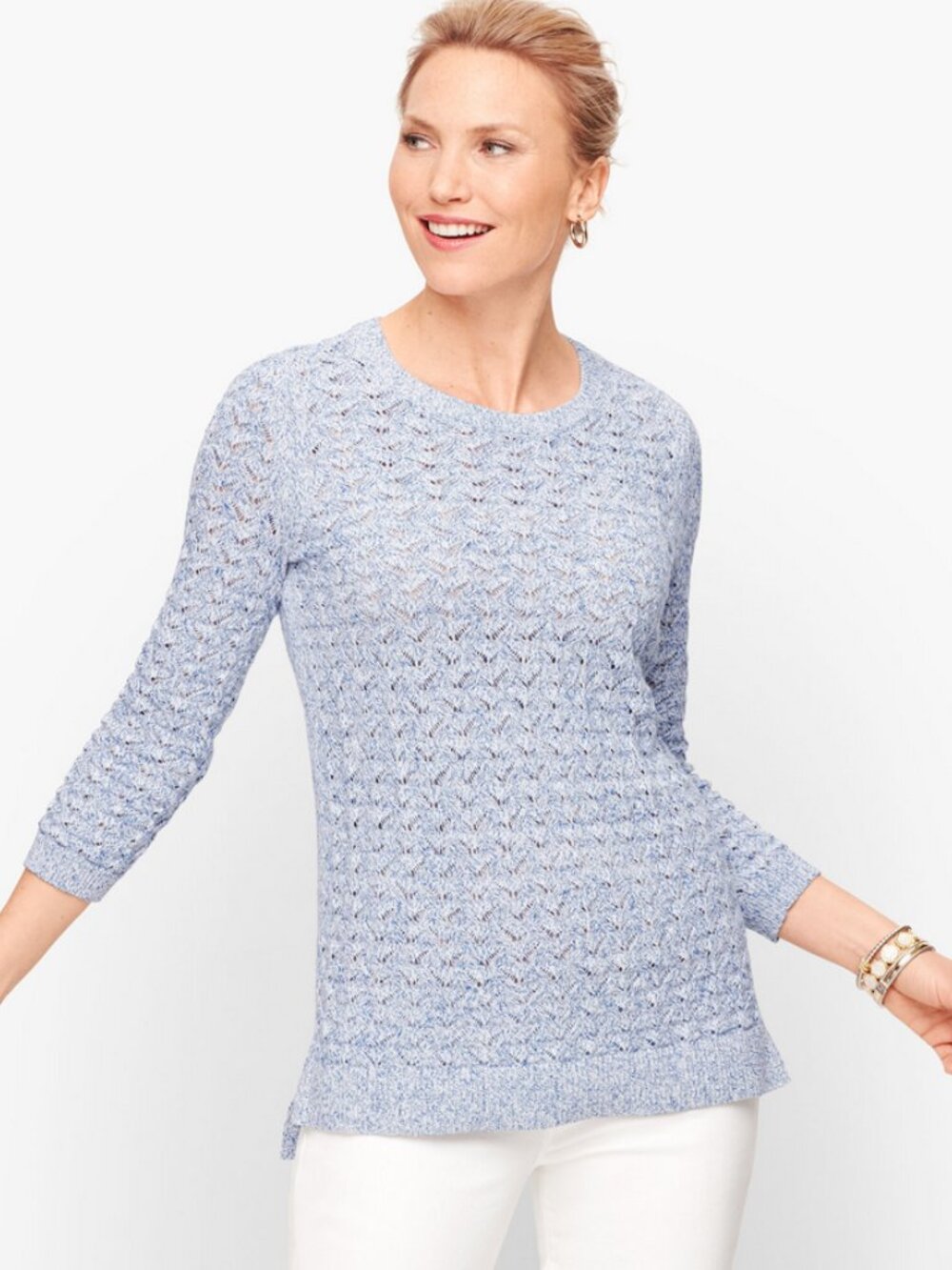 Talbots Blue White Cotton Linen Pointelle Knit Sweater Medium